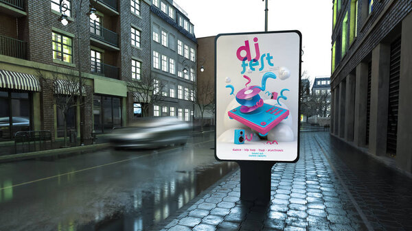 Dj festival advertising billboard on city street at evening 3d rendering