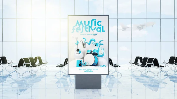 music festival poster billboard advertising mockup on airport lounge 3d rendering