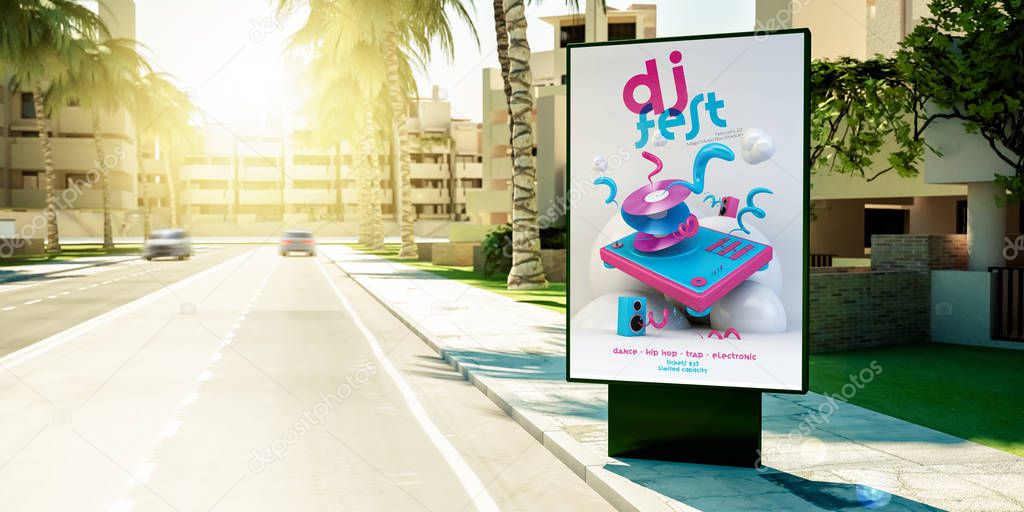 3d rendering of dj festival advertising billboard at suburbs