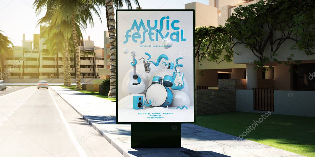 3d rendering of music festival advertisement on billboard on suburbs