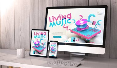 Dijital cihazlar ekranda masaüstü, duyarlı cool müzik Web sitesi tasarımı üzerinde oluşturulan. Tüm ekran grafik oluşur. 3D render.