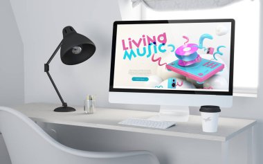 bilgisayar müzik online web sitesi ile bir masaüstü çalışma alanı'nın 3D render. Tüm ekran grafik oluşur.