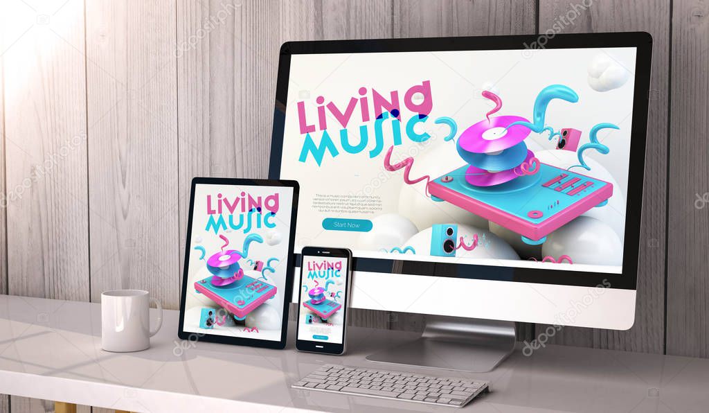 Digital generated devices on desktop, responsive cool music website design on screen. All screen graphics are made up. 3d rendering.