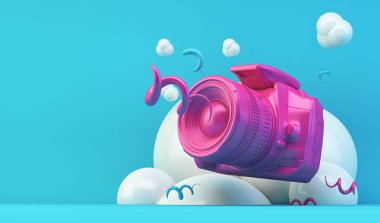 pembe kamera 3D render soyut arka plan illüstrasyon