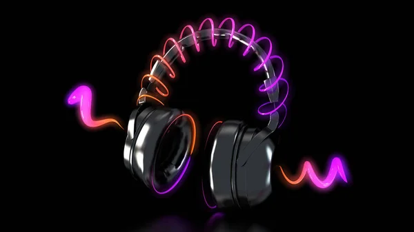 ヘッドホンとネオンライトの3D レンダリング — ストック写真