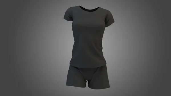 isolated women black t-shirt and shorts mockup 3d rendering