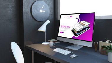 lacivert oda 3d render masaüstünde ön ucu ile bilgisayar