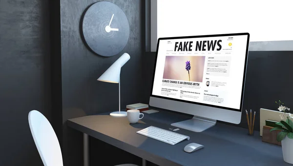 Computer Mit Fake News Auf Dem Desktop Navy Room Rendering — Stockfoto