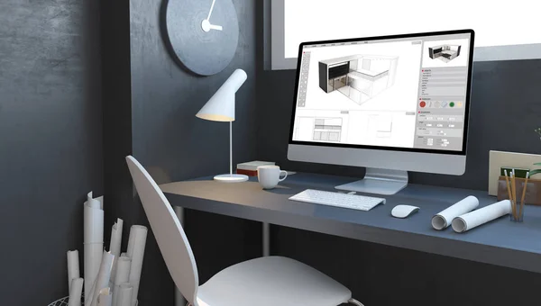 Architektenbüro Mit Computer Rendering House Design — Stockfoto