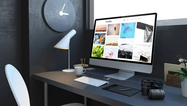 digital photographer desktop with portfolio computer 3d rendering