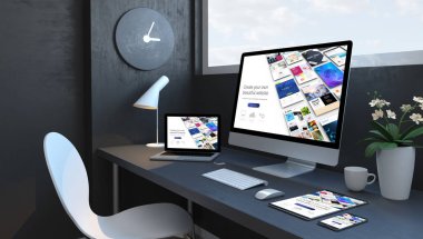 Duyarlı cihazlar 3d render oluşturucu duyarlı tasarım web sitesi ile Lacivert çalışma alanı