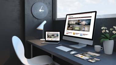 Duyarlı cihazlar 3d render trendleri dergisi web sitesi ile Lacivert çalışma alanı
