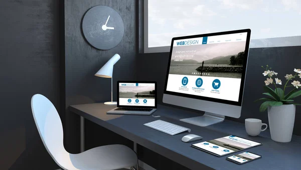 Espaço Trabalho Azul Marinho Com Dispositivos Responsivos Renderização Site Design — Fotografia de Stock
