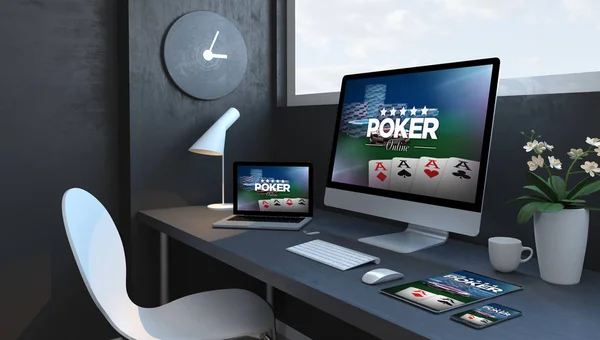 Marineblauwe Werkruimte Met Responsieve Apparaten Rendering Poker Responsive Design Website — Stockfoto
