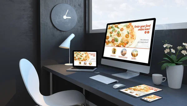 Navy Blue Workspace Responsive Devices Rendering Order Food Responsible Design — стоковое фото