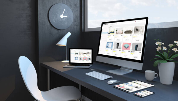 Navy Blue Workspace with responsive devices 3d rending online shop website

