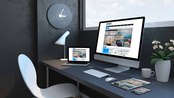 Navy blue workspace with responsive devices 3d rendering trends magazine website