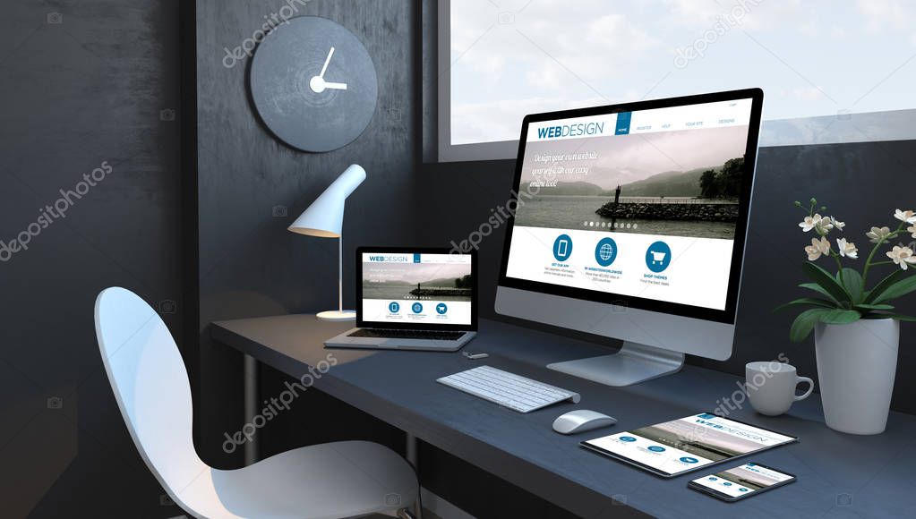 Navy blue workspace with responsive devices 3d rendering  responsive design website