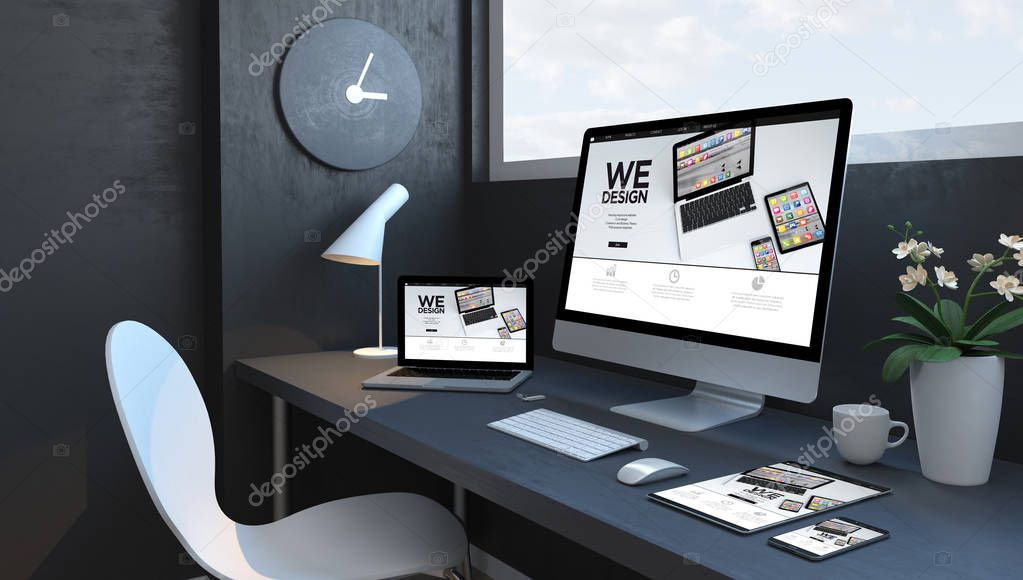 Navy blue workspace with responsive devices 3d rendering design website