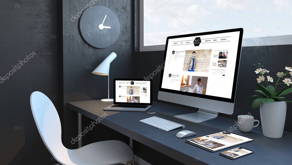 Navy blue workspace with responsive devices 3d rendering blog responsive design website