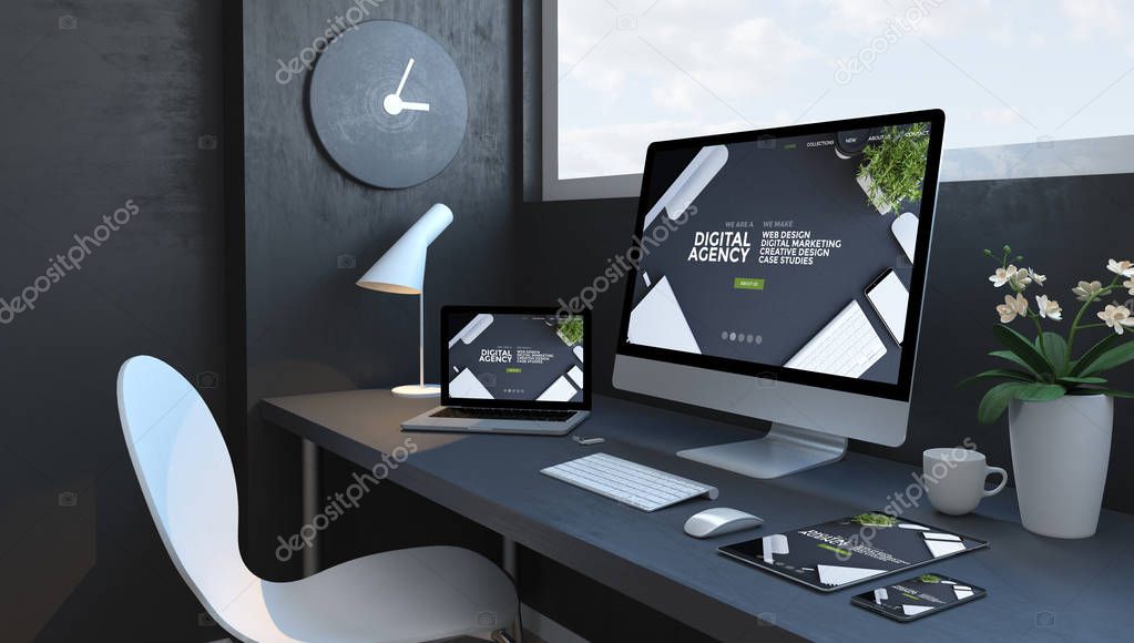 Navy blue workspace with responsive devices 3d rendering digital agency website