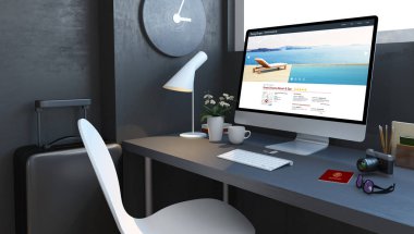Bilgisayar 3d render mockup seyahat aksesuarları ve lüks tatil web sitesi ile Donanma masaüstü