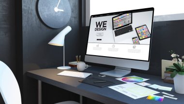 Web sitesi tasarım işyeri mockup iç 3D Rendering