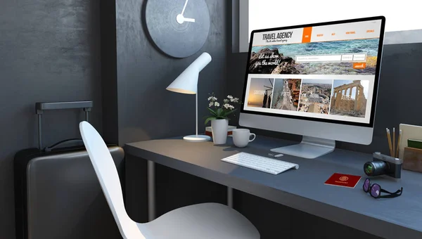 コンピュータ3Dレンダリングモックアップ上の旅行アクセサリーや代理店のウェブサイトを備えたネイビーデスクトップ — ストック写真