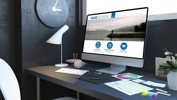 Diseño Web Lugar Trabajo Maqueta Interior Renderizado — Foto de Stock