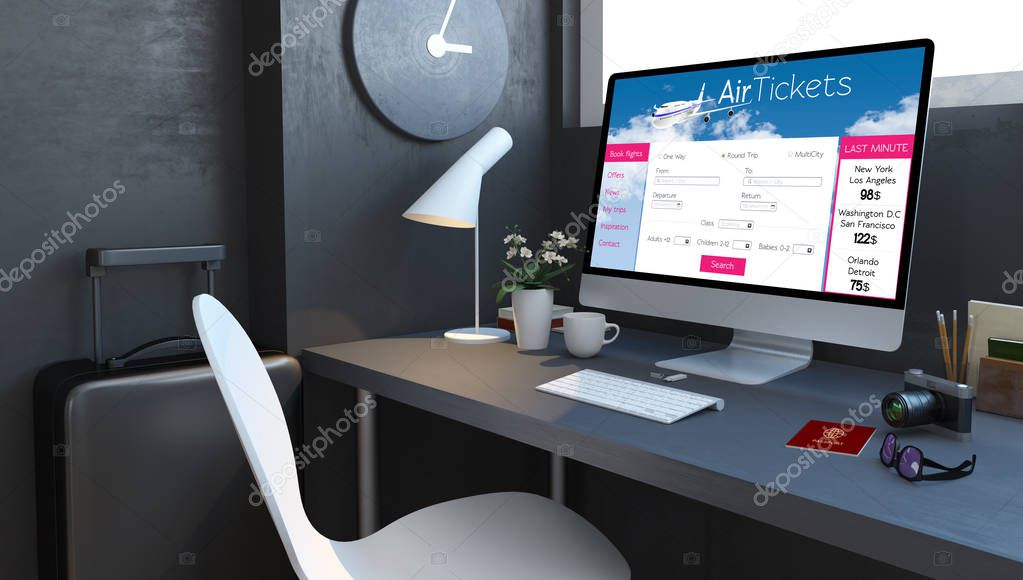 Navy desktop with travel accesories and air tickets website on computer 3d rendering mockup