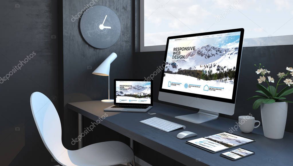 Navy blue workspace with responsive website devices 3d rendering design website