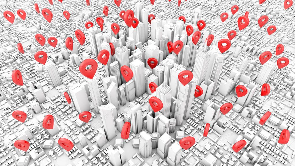 pinpoints at business town 3d rendering