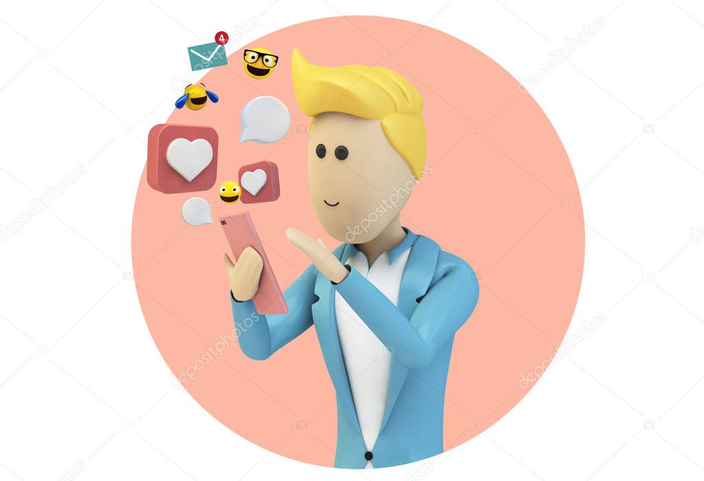 Male cartoon with blue suit character using smartphone isolated 3d rendering