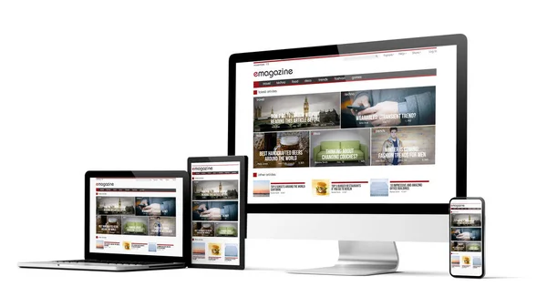 レスポンシブデザインの電子マガジンのウェブサイトデバイスは 白い背景3Dレンダリングモックアップに隔離 — ストック写真