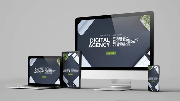Responsive Digitale Agentur Website Geräte Isoliert Auf Weißem Hintergrund Rendering — Stockfoto