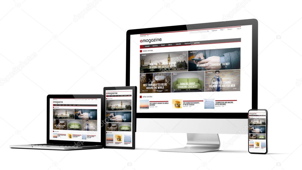 responsive design e-magazine website devices isolated on white background 3d rendering mockup