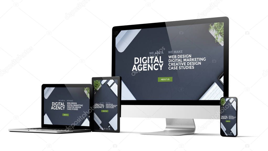 responsive digital agency website devices isolated on white background 3d rendering mockup