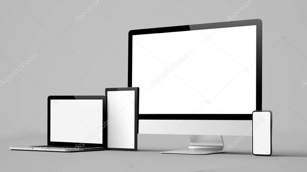 responsive devices isolated on gray background 3d rendering mockup
