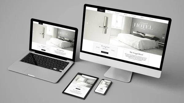 Colección Dispositivos Aislados Mostrando Sitio Web Del Gran Hotel Rendering —  Fotos de Stock