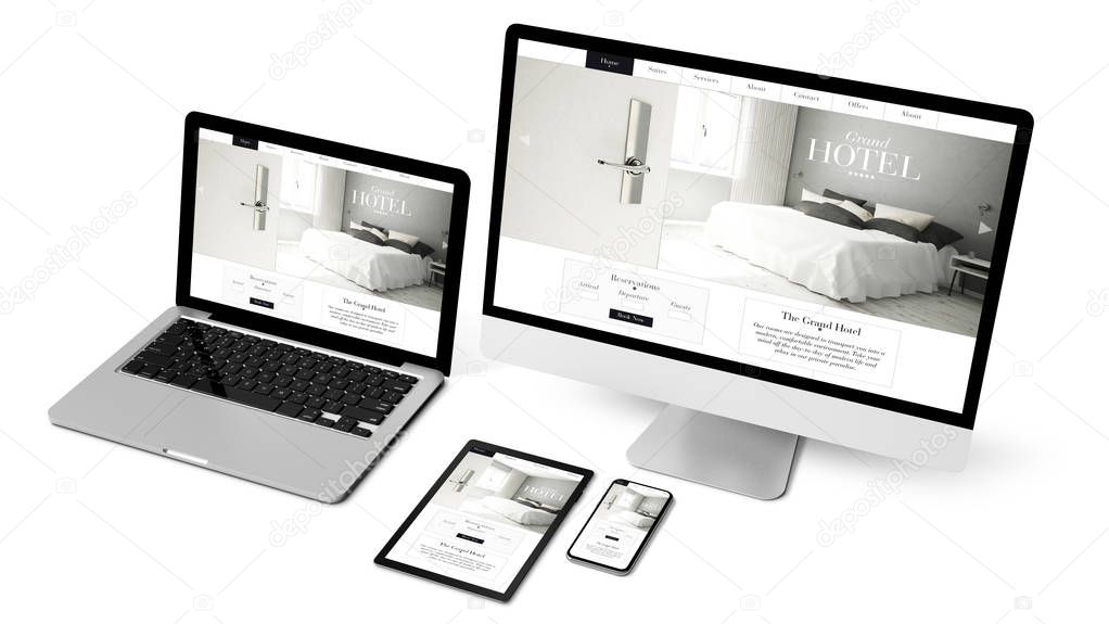 devices collection isolated showing grand hotel website 3d rendering 