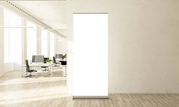 blank roll up banner in minimal office 3d rendering