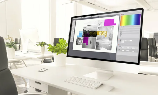 Graphic Design Screen Mockup Computer Loft Office Rendering — Stock Photo, Image