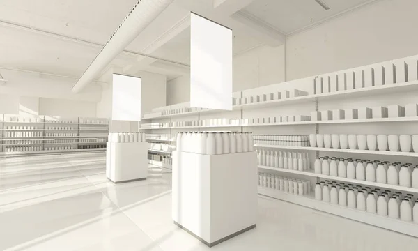 Maqueta Supermercado Con Carteles Colgantes Rendering —  Fotos de Stock