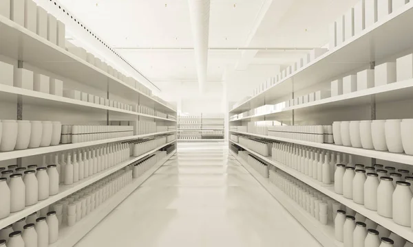 white supermarket shelves 3d rendering