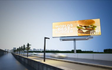3D otoyoldaki hamburger reklam panosu.