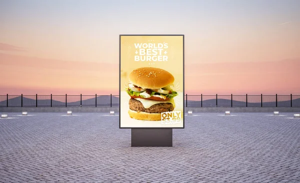 Vertical Street Burger Poster Billboard City Evening Rendering Mockup — Stock Photo, Image