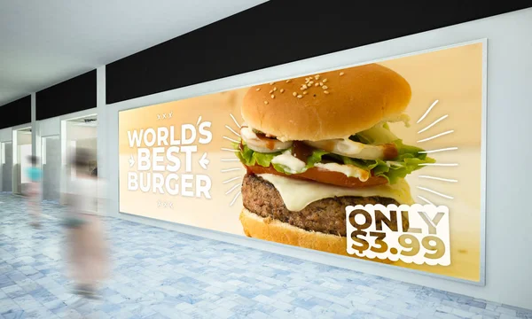 Nagy Vízszintes Burger Hirdetőtábla Mockup Bevásárlóközpont Renderelés — Stock Fotó