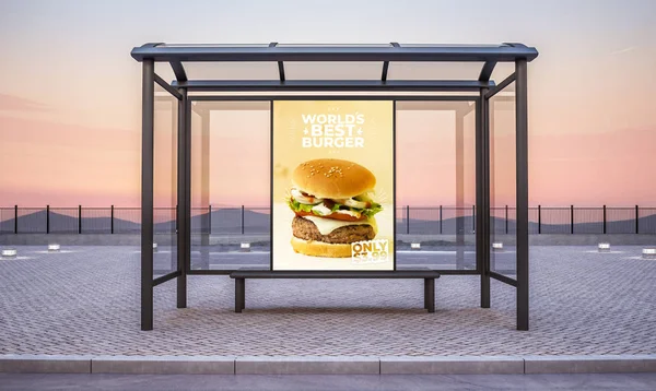Hamburgerskylt Busshållplats Kiosk Mockup Rendering — Stockfoto