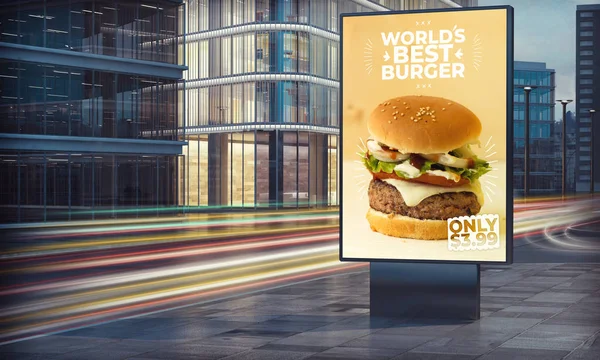 Διαφήμιση Burger Πινακίδα Στη Νύχτα Της Πόλης Απόδοση — Φωτογραφία Αρχείου