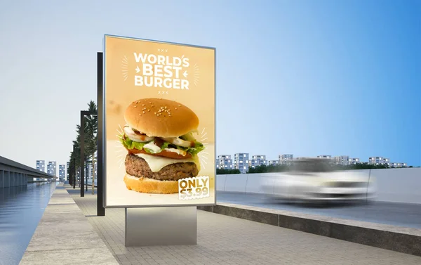 Burger Reklama Billboard Autostradzie Mieście Renderowania Makieta — Zdjęcie stockowe